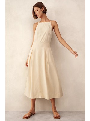 The White Company Pileli Etek Kare Yaka Kadın Midi Elbise