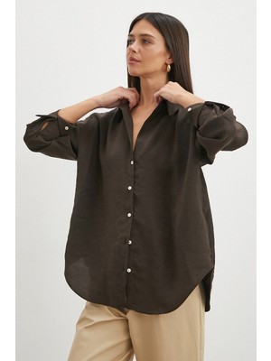 Trendquel Dökümlü Oversize Modal Gömlek Kahve