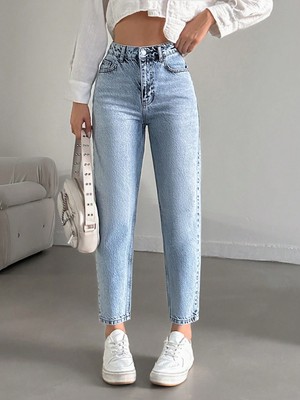 Herton Kadın Yüksel Bel Mom Jean  Pantolon %100 Cotton Esneme Yok