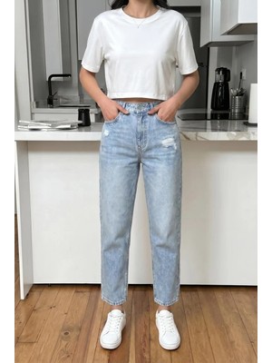 Herton Kadın Yüksel Bel Mom Jean  Pantolon %100 Cotton Esneme Yok