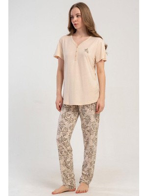 Kezokino Kadın Yarım Düğmeli Kısa Kollu Ekru Pijama Takımı C0T1N2215