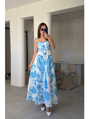 Magarde Inci Işlemeli Sırtı Gipeli Desenli Maxi Boy Elbise- Mavi