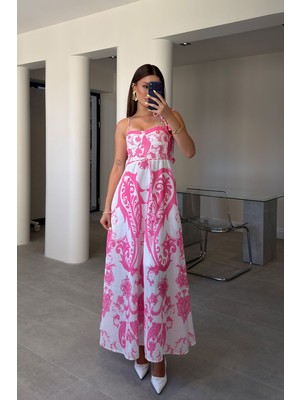 Magarde Inci Işlemeli Sırtı Gipeli Desenli Maxi Boy Elbise- Pembe