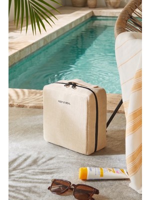 Ocean Home Textile Termal Astarlı Jüt Keten Makyaj Çantası 20 x 21 x 11 cm
