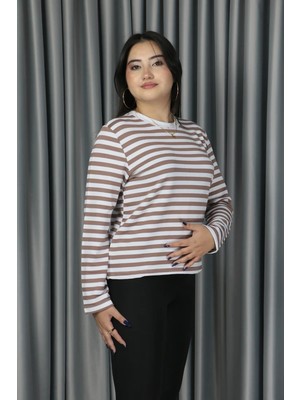 Luxee Premium Seri Kahverengi Çizgili Yaka Biyeli Sweat