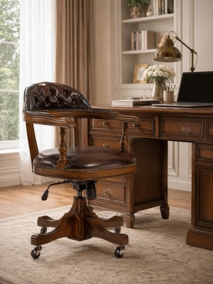 Gazzini Furniture Majesta Kapitone Döşemeli Ahşap Ofis Çalışma Sandalyesi