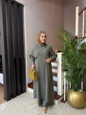 Esra Butik Asimetrik Yakalı Modal Kumaş Pantolonlu Takım – Gri | Siyah | Haki | Vizon