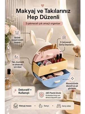 Nomikase Tavşan Kulaklı Masaüstü Makyaj ve Takı Organizeri, Pastel Renkli Çekmeceli