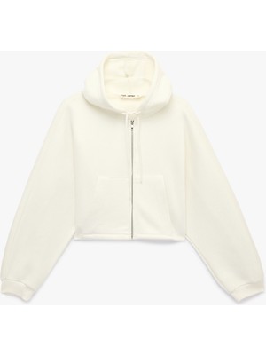 Koton Şardonlu Kanguru Cepli Arkası Baskılı Cepli Simli Kapüşonlu Fermuarlı Crop Sweatshirt