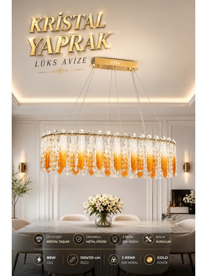 Elvora Home Modern (Premium) Kristal Taşlı Amber Yapraklı Gold Sarkıt Avize 3 Renk Ledli 88W Lüks Aydınlatma Salon Oturma Odası Yemek Masası Üstü Avizesi Modelleri
