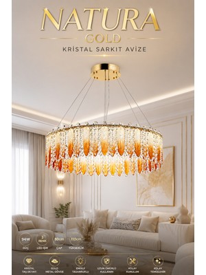 Elvora Home Modern (Premium) Kuş Tüyü Gold Kristal Taşlı Sarkıt Avize 3 Renk Ledli 94W Salon Yemek Odası Avizesi Modelleri