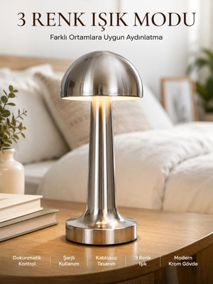 Sora Home Modern Mantar Masa Lambası Dokunmatik 3 Işık Modlu Şarjlı Kablosuz LED Yeni Nesil