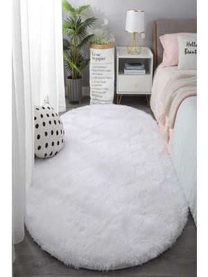 Empressco Yumuşak Beyaz Peluş Oval Halı, Kaymaz Taban, Yıkanabilir, Dekoratif
