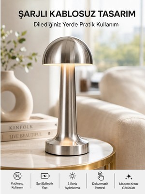 Sora Home Şarjlı Kablosuz Mantar Masa Lambası Dokunmatik 3 Renk LED Modern Tasarım Yeni Nesil