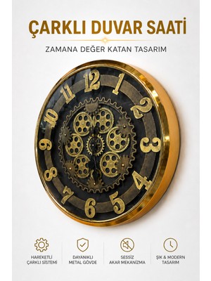 Elvora Home Eskitme (Premium) Metal Hareketli Çarklı Duvar Saati Büyük Boy Dekoratif Sessiz Saatleri Salon Mutfak Oturma Odası Saati Modelleri
