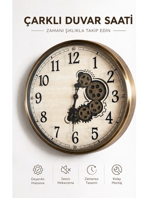 Elvora Home Eskitme (Premium) Şık Metal Hareketli Çarklı Duvar Saati Büyük Boy Dekoratif Sessiz Saatleri Salon Mutfak Oturma Odası Saati Modelleri