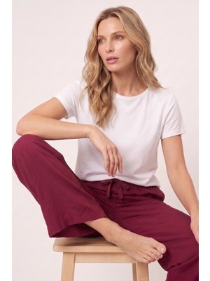 Morro Kadın Pamuklu Dokuma Pijama Altı Beli Lastikli Bağlamalı Geniş Paça Rahat Kesim Tek Alt