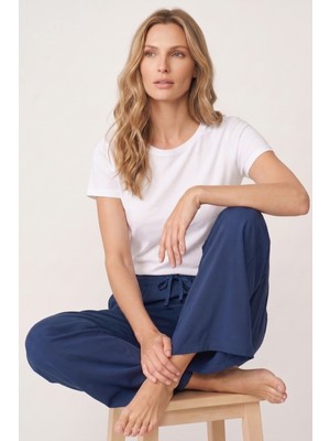 Morro Kadın Pamuklu Dokuma Pijama Altı Beli Lastikli Bağlamalı Geniş Paça Rahat Kesim Tek Alt
