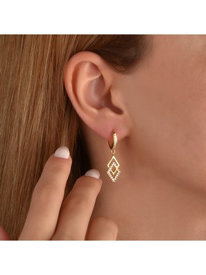 Nox Jewelry 14 Ayar Altın Kaplama Zirkon Taşlı Geometrik Sallantılı Halka Gümüş Küpe - ES00256