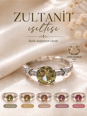 Yudi Atelier Zultanit Işıltılı Renk Değiştiren Yüzük - Ayarlanabilir Pırlanta Kesim Premium Tasarım - Anneye Sevgiliye Hediye Yüzük