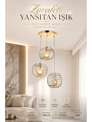 Elvora Home Modern (Premium) 3 Halkalı Gold Camlı Dekoratif Ledli 60W Salon Mutfak Yemek Odası Avizesi Modelleri 3XE27 Duyulu