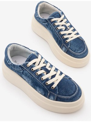 Marjin Kadın Sneaker Kalın Taban Denim Çıkarılabilir Boncuklu Tokalı Spor Ayakkabı Pevosa Lacivert Kot