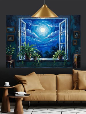 Kanvassepetinet Dolunay Pencere Yüksek Kaliteli Yağlı Boya Dokulu Kanvas Canvas Tablo Kanvas Tablo Canvas Tablo Duv
