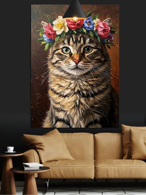Kanvassepetinet Çiçek Taçlı Kedi Yüksek Kaliteli Yağlı Boya Dokulu Kanvas Canvas Tablo Kanvas Tablo Canvas Tablo Du