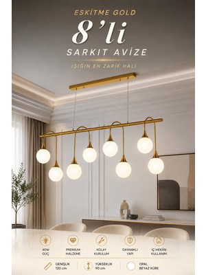 Elvora Home Eskitme (Premium) Gold 8 Opal Küreli Sarkıt Avize Ledli 40W Yemek Masası Üstü Salon Mutfak Avizesi Modelleri