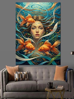 Kanvassepetinet Su Altı Kadın ve Yüksek Kaliteli Yağlı Boya Dokulu Kanvas Canvas Tablo Kanvas Tablo Canvas Tablo Du