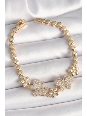 Uravas Store Pirinç Gold Renk Zirkon Taşlı Kelebek Figür Çiçek Zincir Model Kadın Bileklik 5886