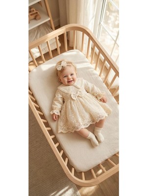 Miniday Baby Kız Bebek Mevlütlük Elbise Bandanalı Dantelli Yenidoğan Hastane Çıkışı Gelinlik Abiye Mevlitlik 4025