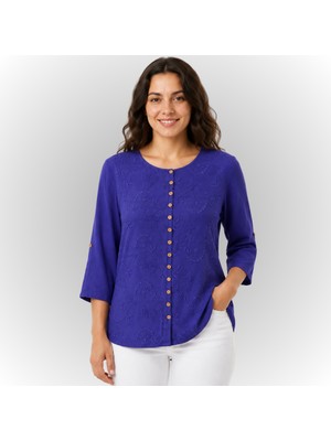 Etki Moda %100 Organik Pamuk Kadın Önü Nakışlı Düğme Detaylı Otantik Bluz