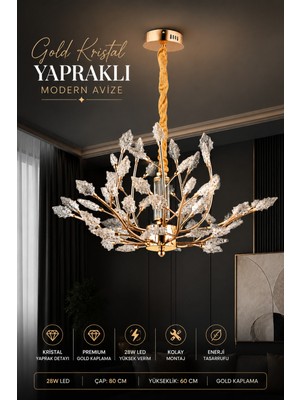 Elvora Home Modern (Premium) Kristal Sarmaşık Yaprak Detaylı Gold Ledli 28W Avize Salon Mutfak Oturma Odası Yemek Odası Sarkıt Avizesi Modelleri