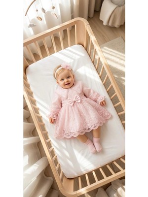 Miniday Baby Kız Bebek Mevlütlük Elbise Bandanalı Dantelli Yenidoğan Hastane Çıkışı Gelinlik Abiye Mevlitlik 4025