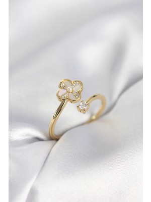 Uravas Store Gold Renk Zirkon Taşlı Yonca Model Kadın Yüzük 5886