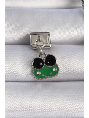 Uravas Store 316L Çelik Gümüş Renk Sallantılı Yeşil Kurbağa Figür Nomination Charm 5886