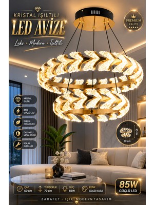 Elvora Home Modern (Premium) Kristal Ledli 85W Sarkıt Avize Gold Kasa Çift Katlı Salon Mutfak Oturma Odası Yemek Odası Avizesi Modelleri