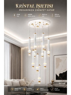 Elvora Home Modern (Premium) 10'lu Ledli 112W 4000K Gold Beyaz Kristal Taşlı Sarkıt Avize Dekoratif Salon Mutfak Oturma Odası Avizesi Avizesi Modelleri