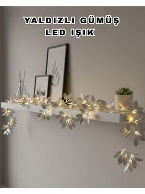 Uravas Store Yaldızlı Gümüş Yaprak LED Işık Pilli Dekoratif Ortam ve Yılbaşı Aydınlatması