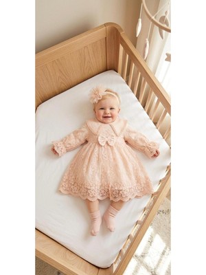 Miniday Baby Kız Bebek Mevlütlük Elbise Bandanalı Dantelli Yenidoğan Hastane Çıkışı Gelinlik Abiye Mevlitlik 4025