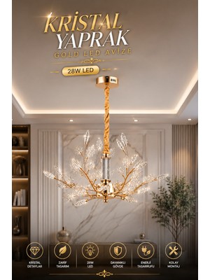 Elvora Home Modern (Premium) Kristal Yaprak Detaylı Gold Ledli 28W Dekoratif Sarkıt Avize Salon Mutfak Oturma Odası Avizesi Modelleri