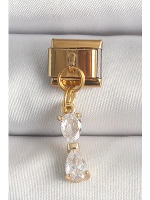 Uravas Store 316L Çelik Gold Renk Sallantı Zirkon Taşlı Kurdele Model Nomination Charm 5886