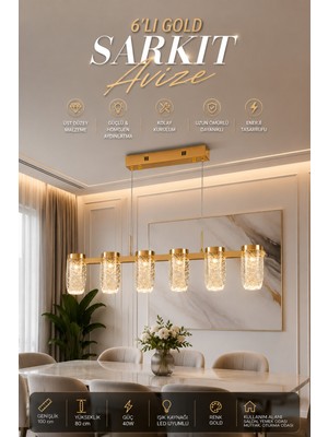 Elvora Home Modern (Premium) 6'lı Aydınlatma Ledli 40W Gold Sarkıt Avize Kristal Cam Dekoratif Salon Yemek Masası Üstü Avizesi Modelleri