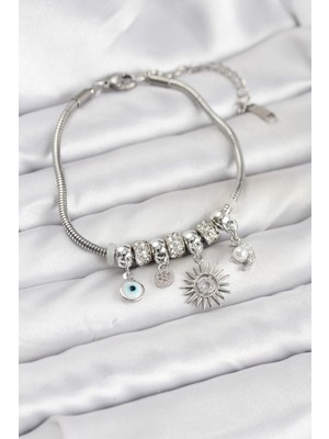 Uravas Store Pirinç Gümüş Renk Güneş Charmlı Kadın Bileklik 5886