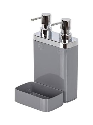 Uravas Store Viva 2'li Sıvı Sabunluk, Süngerli, 0, 3lt ve 0, 6 Lt Hacim, 12.5 x 13.5 x 22 Cm, Gri (-E10-07)