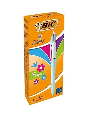 Uravas Store Bıc 4 Colours Fun Tükenmez Kalem, 12'li Kutu, 1.0mm Uç, Tek Kalemde Pembe, Mor, Turkuaz ve Açık Yeşil Renkler