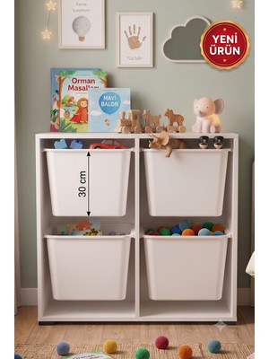 Decosense 4 Adet Ultra Büyük Çekmeceli 86 cm Beyaz Çocuk Odası Oyuncak Dolabı ve Çok Amaçlı Saklama Ünitesi - Depolayıcı Düzenleyici Organizer