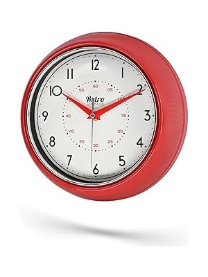 Uravas Store New-Max Premium Serisi Retro Tasarım Metal Kadranlı Bombeli Cam Özellikli 25 cm Ev ve Ofis Saati Kırmızı, 25CM