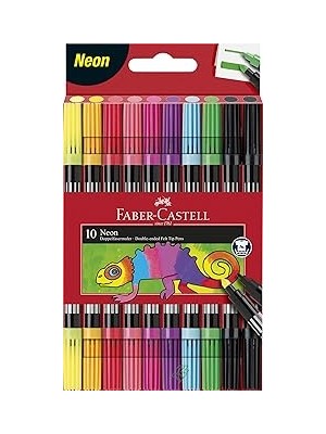 Uravas Store Faber-Castell Çift Uçlu Neon Keçeli Kalem, 10 Renk, Ince ve Kalın Uçlu, Dayanıklı Parlak Renkler, Su Bazlı Mürekkep